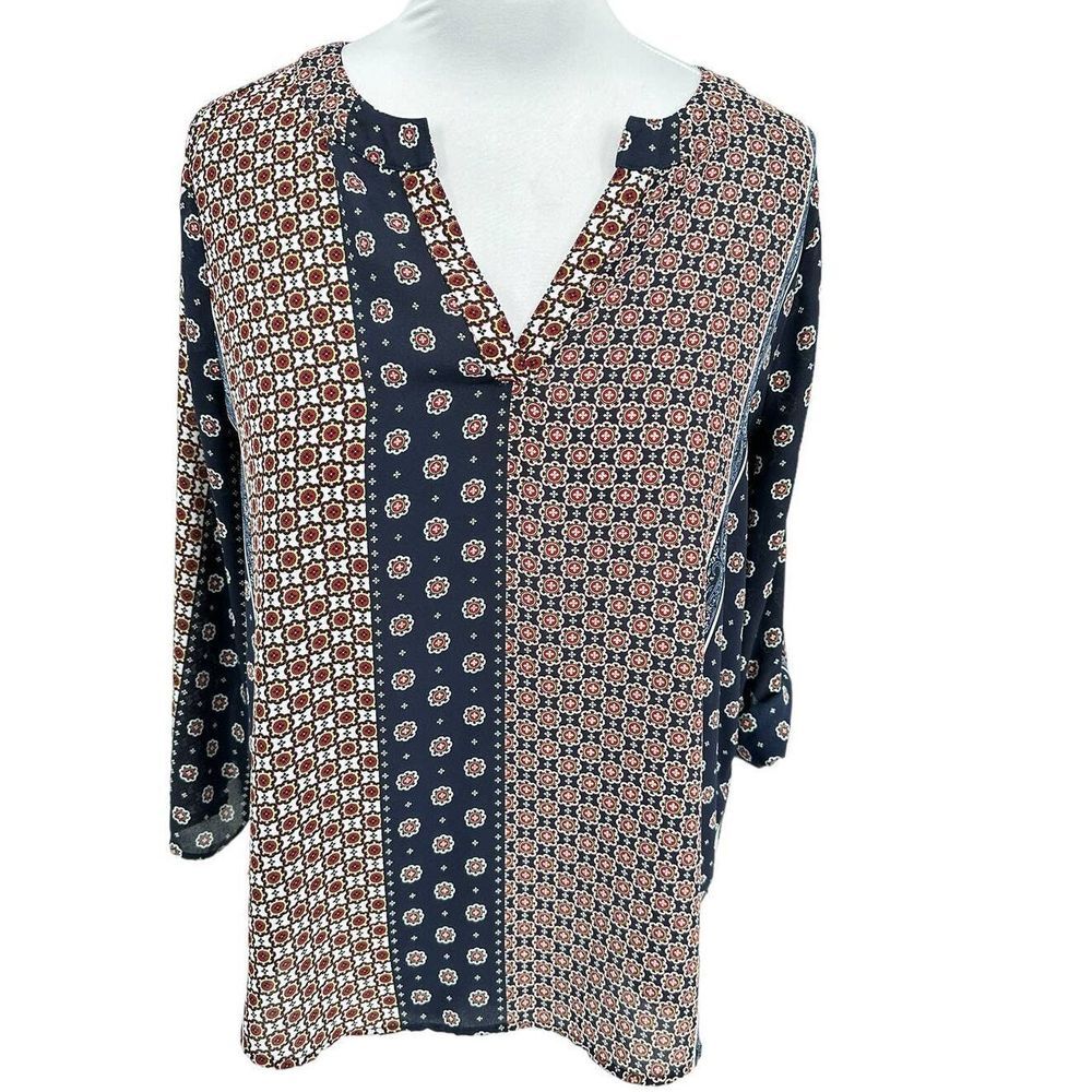 C EST. 1946 Womens SZ L Mixed Print Roll Tab Sleeves High Low Tunic Top Blue Red